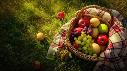 Sunny Picnic Day with Fresh Fruit Basket - obrazy, fototapety, plakaty