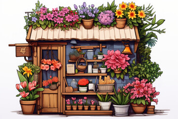 Cute flower shop illustration. Retro flower shop. Flower pots with plants and bouquets