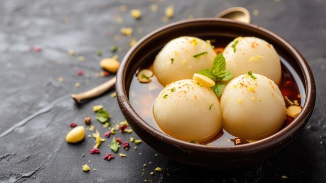 Mouth-watering Rasgulla-Cheese Dumplings in Sugar Syrup Served on Surface, Ready to be Eaten and Enjoyed.