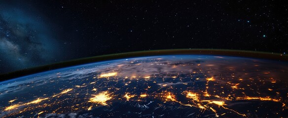 Illuminated Earth at Night from Space View - obrazy, fototapety, plakaty