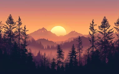 Poster Sunset and silhouettes of trees in the mountains © MUS_GRAPHIC