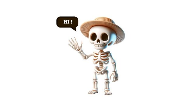 3d cute skeleton waving hand with bubble text animation