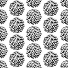 Seamless pattern of knotted ropes cords monkey fist knot ball Nautical thread whipcord with loops and noose, braided, spiral fiber graphic. Illustration hand drawn diagonal black white background