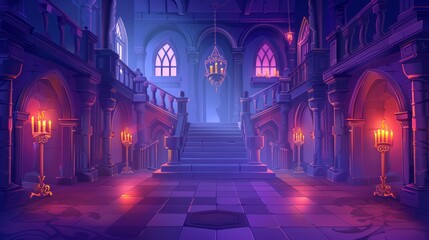 The interior of a medieval castle at night with a ghost. A modern cartoon illustration of an empty hallway in a baroque palace with stairs, balustrades, glowing candles, and mystical fog in the - obrazy, fototapety, plakaty