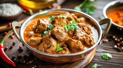 Homemade spicy chicken curry served in bowl, inviting the viewer to enjoy a serving of this delectable dish. - obrazy, fototapety, plakaty