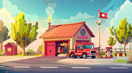 Obraz na płótnie Canvas Cartoon modern illustration of a fire truck driving to a fire station building with a garage box and a red flag. Municipal city service. Emergency department with hangar front view. A car parked at a