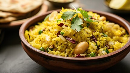 wooden bowl filled with delicious Indian rice dish (poha) and various toppings, inviting the viewer to enjoy a serving of this delectable dish.