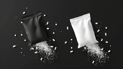 A realistic mockup of a white and black box of sugar sticks. The box is torn, with white granules falling from it. - obrazy, fototapety, plakaty