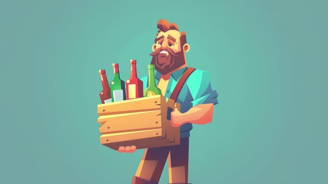 A loader transports a box of bottles to a store, basement or bar. The loader is holding a wooden crate loaded with wine and glass bottles. Modern illustration.