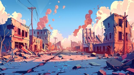 Post-apocalyptic world ruins with broken road and street cartoon modern illustration, destroyed city in war zone with abandoned buildings and smoke.