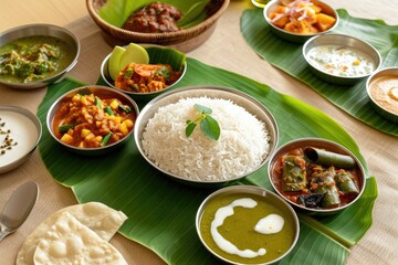 South Indian Traditional Cuisine Served on Banana Leaf, Freshly Prepared and Inviting on the Occasion of Cultural Festival.