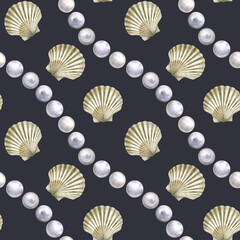 Seamless pattern of watercolor Seashell and sea pearls. Hand drawn illustration of sea Shell. Colorful drawing of Scallop. Ocean Cockleshell marine underwater. On dark background. For decoration