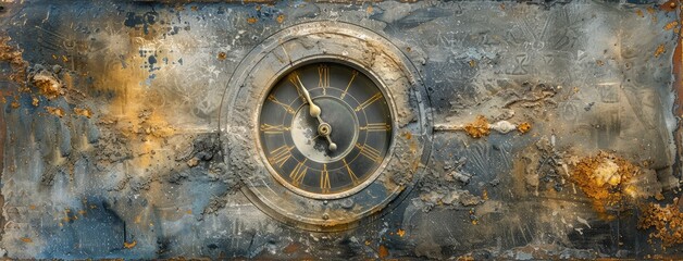 Antique Clock Embedded in Grunge Metal Surface - obrazy, fototapety, plakaty