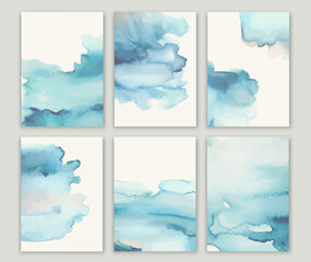 Set of abstract creative minimalist blue watercolor hand painted.
