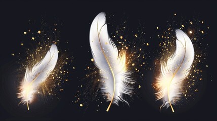 Icons set with realistic 3D modern illustration of white feathers and gold glitter, boho style birds' plumage and hackles with golden glitter, trendy design elements isolated on black background, - obrazy, fototapety, plakaty