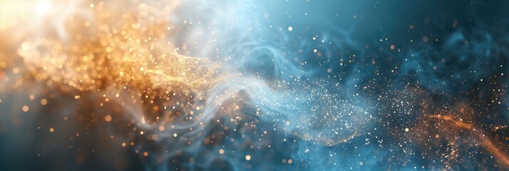 Shimmering gold dust and blue smoke background panorama for artistic design and advertising promotion packaging branding background - obrazy, fototapety, plakaty