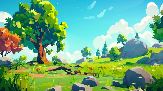 Modern illustration, cartoon forest background with deciduous trees, rocks, grass, and bushes on the ground. Beautiful scenery view, spring, summer, wood, or park area.