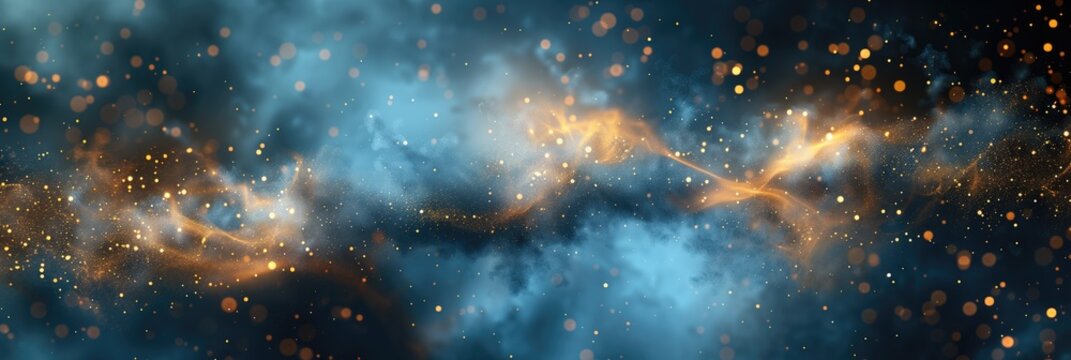 Shimmering gold dust and blue smoke background panorama for artistic design and advertising promotion packaging branding background