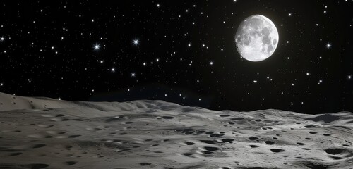 Serene Moonlight Scene Over Lunar Terrain - obrazy, fototapety, plakaty
