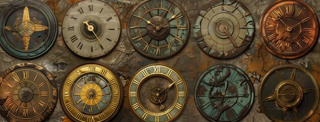 Antique Clocks Variety on Grunge Background