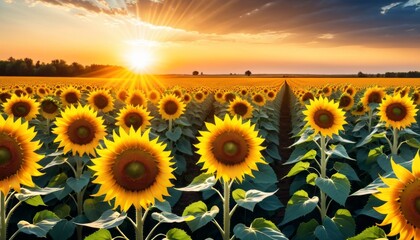 A vibrant field of sunflowers bathed in the golden light of sunset, creating a warm and joyful atmosphere. AI Generation