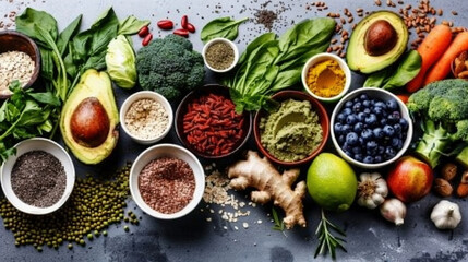 Healthy food selection of clean food: fruits, vegetables, seeds, superfoods, cereals, leafy vegetables on a gray concrete background. site format
