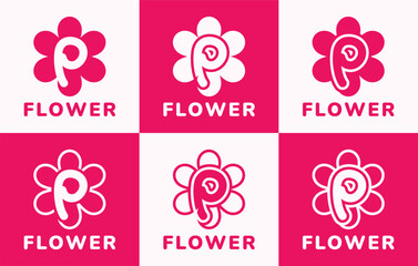 Set of letter P pink flower logo. This logo combines letters and pink flower shapes. Suitable for flower shops, flower farms, flower accessories shops and the like.