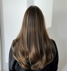Fototapeta premium Woman long ash-brown hair with highlights, cascading down her back