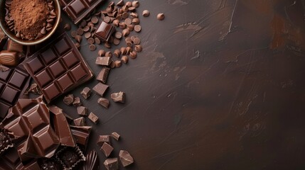 World Chocolate Day Concept. Various chocolates in dark color. Space for text. Banner, background, template. Happy chocolate day. Delicious background. - obrazy, fototapety, plakaty