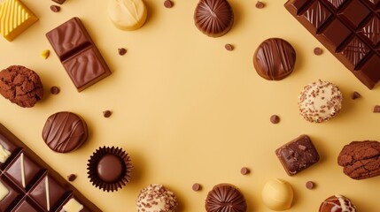 World Chocolate Day Concept. Various chocolates in dark color. Space for text. Banner, background, template. Happy chocolate day. Delicious background. - obrazy, fototapety, plakaty