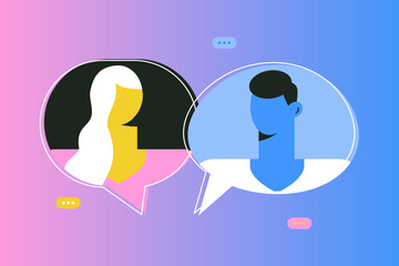 Communication of men and women. Man and woman talking together. Couple having conversation on speech bubbles. Expressing opinion concept. Teamwork, connection. Colorful flat vector illustration - 782905194