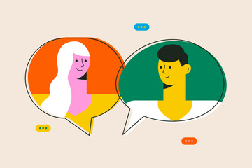 Woman and man talking together. Young couple of people with speech bubbles sharing impressions. Expressing opinion, communication concept. Conversation with partner. Colorful flat vector illustration - 782905196