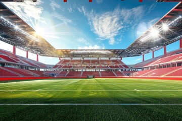 Soccer stadium with green grass field and red seats.