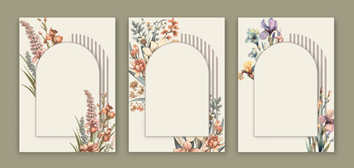 Floral vintage watercolor wedding invitation with magnolia flowers and hummingbird.