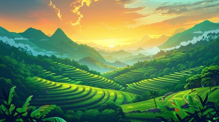 The sunset landscape of Asian rice terraces in mountains. Paddy plantations, cascades farm in mount rocks with the sun going down in a beautiful cloudy orange sky, landscape dusk view, Cartoon modern