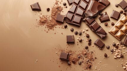Fototapeta premium World Chocolate Day Concept. Various chocolates in dark color. Space for text. Banner, background, template. Happy chocolate day. Delicious background.