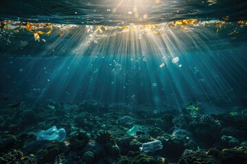 Underwater shot of plastic pollution in the ocean, glowing sunlight, deep blue sea with sun rays shining through surface.