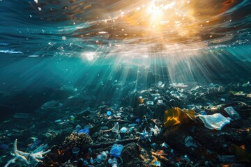 Fototapeta na wymiar Underwater shot of plastic pollution in the ocean, glowing sunlight, deep blue sea with sun rays shining through surface.