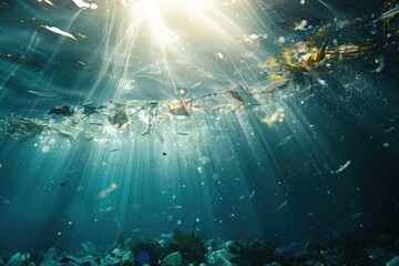 Underwater shot of plastic pollution in the ocean, glowing sunlight, deep blue sea with sun rays shining through surface.