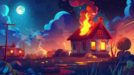 Burning suburban cottage with flames in the windows. Long blaze tongues in real estate countryside building. Dangerous accident at home. Cartoon modern illustration.