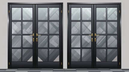 A modern interior design with realistic 3D modern entries featuring metal doors with glass elements. An isolated double and single office entrance, boutique facade, shop or store doorway, all