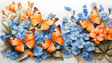 Watercolor painting of orange butterflies and blue forget-me-not flowers
