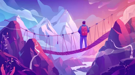 Foto auf Acrylglas Tourist with backpack at rocky landscape look on suspended bridge over high peaks modern web banner design of extreme hiking cartoon landing page. Traveler man holding a map in the mountains. © Mark