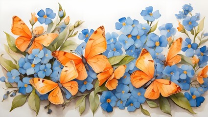Watercolor painting of orange butterflies and blue forget-me-not flowers