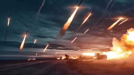 many ballistic missiles fly from the sky against the background of a dark sky at dusk over unpaved ground