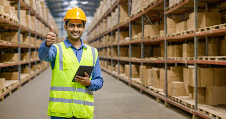 Indian warehouse manager gives thumbs up while holding tablet to approve safety standards