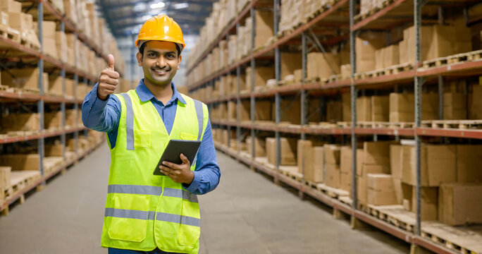 Indian warehouse manager gives thumbs up while holding tablet to approve safety standards