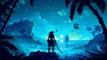A pretty woman in buccaneer costumes at night holds a sword and a black flag with the skull of a pirate. Modern poster of pirates with a cartoon illustration of a sea landscape with islands and a