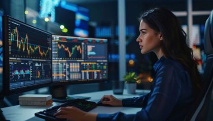 Concentrated Financial Expert Analyzing Stock Charts. - obrazy, fototapety, plakaty