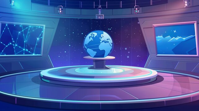 This is a modern illustration of a TV news studio with a newscaster's desk, lighting equipment, and a globe on the screen.